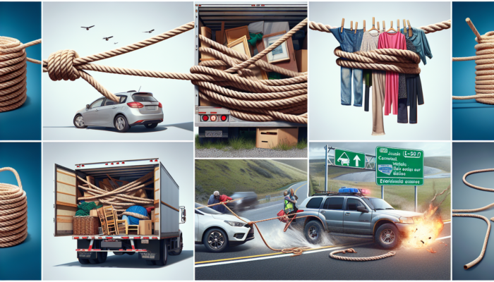 Rope used for securing furniture, as a clothesline, and for emergency car towing, demonstrating its versatility.