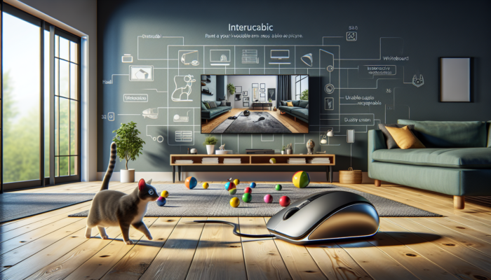 A robotic mouse and interactive balls captivating a cat in a modern living room.