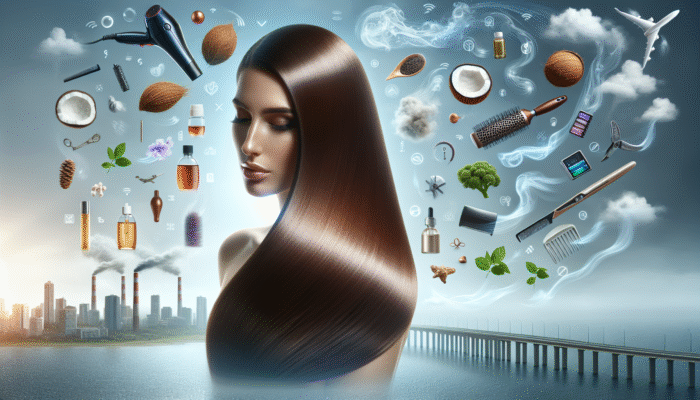 Woman showcasing shiny, revitalised hair using coconut and argan oil, protected against environmental stressors and styling tools.