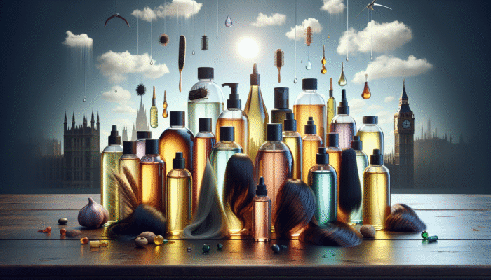 Bottles of various hair oils on a wooden table, labelled with benefits, diverse hair types, and a UK weather backdrop.