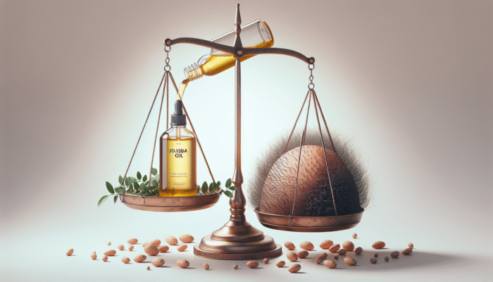 Jojoba oil balancing hair and scalp oils, accompanied by tea tree leaves, promoting a healthy, dandruff-free scalp.