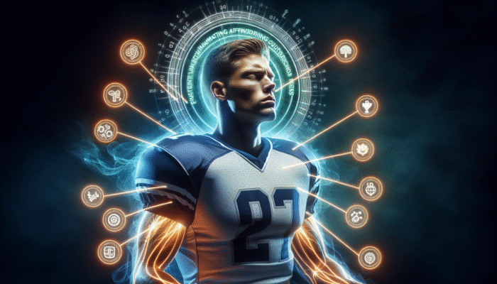 Football player in uniform, eyes closed, visualising success with glowing affirmations around him.