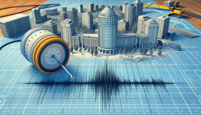 Architectural blueprint of a modern Chilean building designed to withstand earthquakes, alongside a seismograph displaying seismic activity.