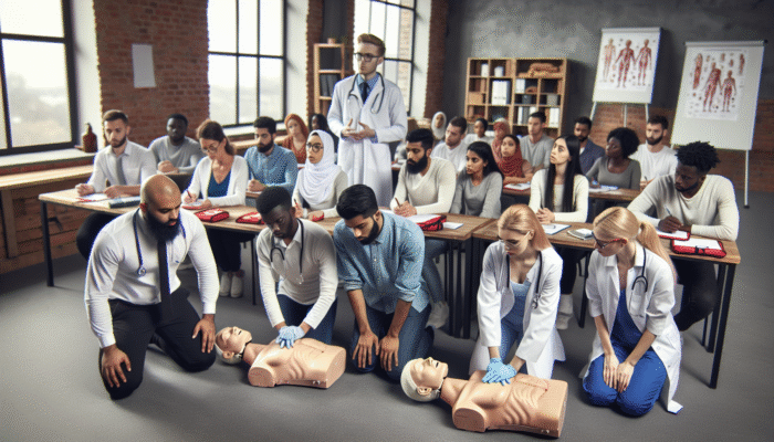 Community members engaged in a workshop led by local medical professionals, learning first aid, CPR, and natural remedies.