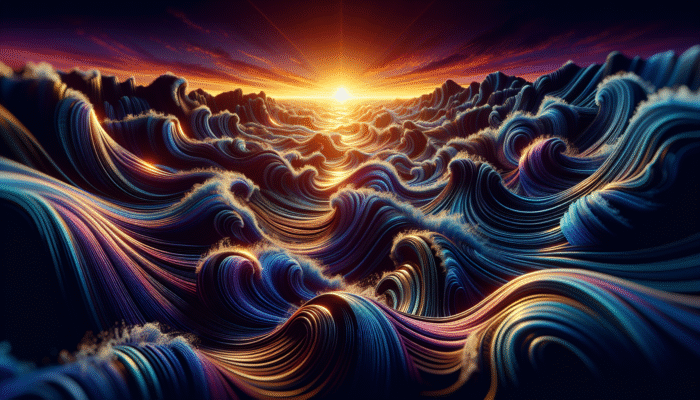 Dynamic waves with intricate textures under a vibrant sunset, creating a captivating interplay of light and shadow.