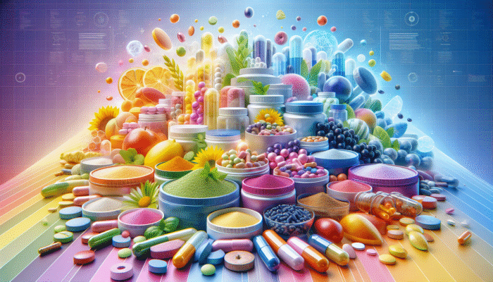 A vibrant selection of dietary supplements, including capsules, tablets, and powders against a lively backdrop.