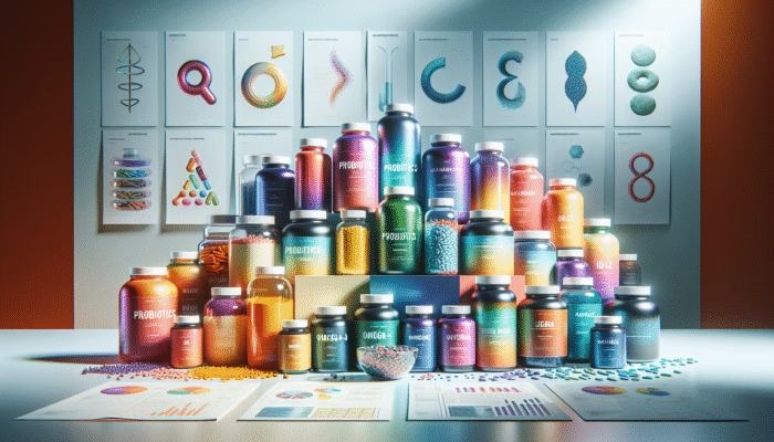 An assortment of specialty supplement bottles featuring probiotics, omega-3s, and protein powders set against a health-oriented backdrop.