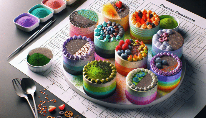 Colourful dairy-free desserts with chia seeds, flaxseeds, and spirulina, highlighting texture and health benefits.
