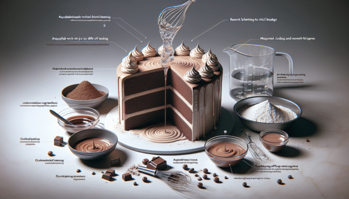 Vegan chocolate cake with aquafaba, gently mixed to avoid overmixing, achieving airy texture and harmonious flavours.