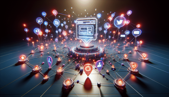 A glowing website at the centre of a digital landscape, connected by nodes representing backlinks and surrounded by pulsing social media icons.