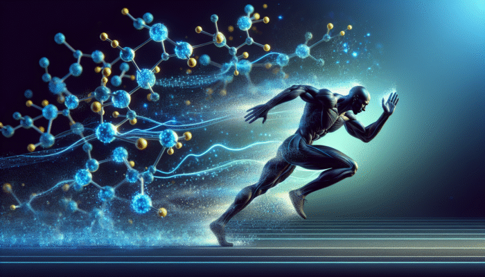 Improving Stamina With Beta-Alanine: Athlete sprinting with glowing blue beta-alanine and carnosine molecules, showcasing enhanced muscle endurance.