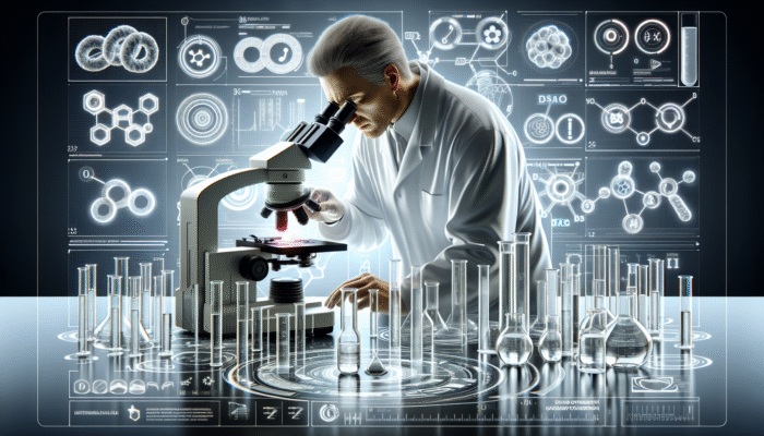 A scientist adjusting a microscope with Beta-Alanine bottles and dosage charts in a lab.