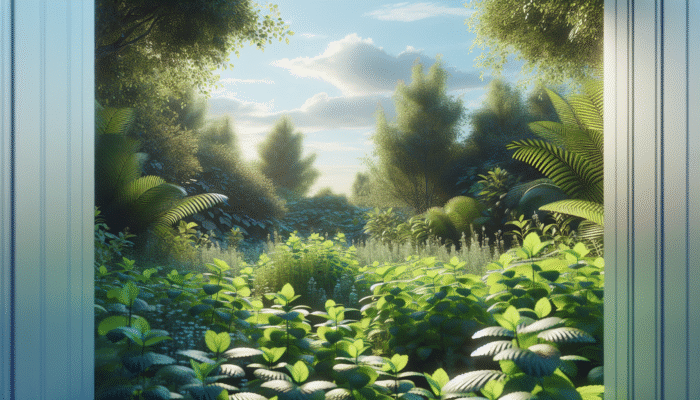 A serene garden with lemon balm plants, vibrant green leaves, and calming lemon scent under tranquil blue skies.