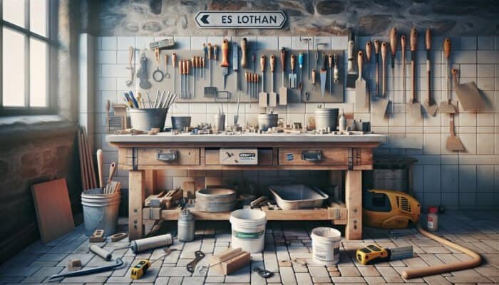 A workbench equipped with a grout float, utility knife, mixing bucket, and other essential tools for stone flooring repair in a well-lit East Lothian workshop.