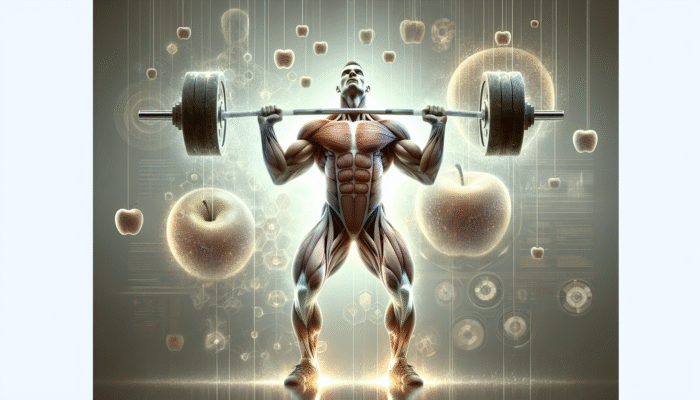 Powerlifter mid-lift, muscles pumped with enhanced blood flow, surrounded by nitric oxide glow, apples in background.