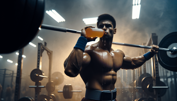 Powerlifter in hot gym, sweating, drinking electrolyte-rich sports drink, focused, surrounded by weights and global competition banner.