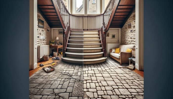 A cross-section of a well-leveled versus an uneven stone floor in an Edinburgh home, highlighting durability and maintenance issues.