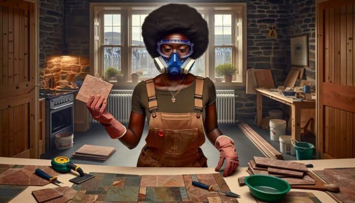 Homeowner in Edinburgh installing stone floor with gloves, goggles, and dust mask in well-ventilated space.
