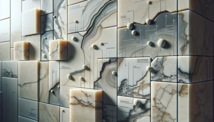 Travertine tiles with deep cracks filled with epoxy and hairline cracks treated with resin in a modern bathroom.