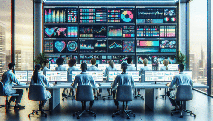 A diverse team analysing colourful data analytics graphs on digital screens in a modern healthcare office.
