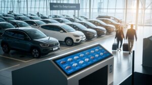 A modern car rental centre with rows of parked vehicles inside a bright, glass-walled building. Two travellers with suitcases walk towards the cars, while a digital kiosk offers hassle-free booking options. Sunlight streams in from large windows.