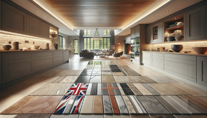 UK home interior showcasing glossy ceramic, smooth porcelain, and textured natural stone tiles, each treated with appropriate sealers.