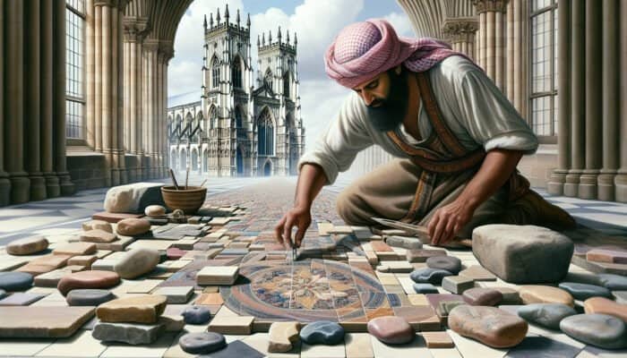 A historic UK stonemason crafting intricate stone tiles with local Scottish Borders stones, showcasing diverse colors and textures, against the backdrop of York Minster, blending tradition with modern curved tiling techniques.