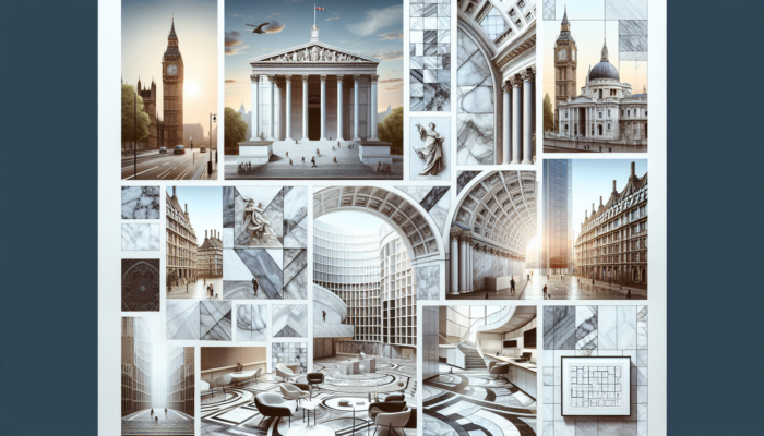 Collage of UK architecture featuring marble: St. Paul's columns, British Museum flooring, and modern facades.