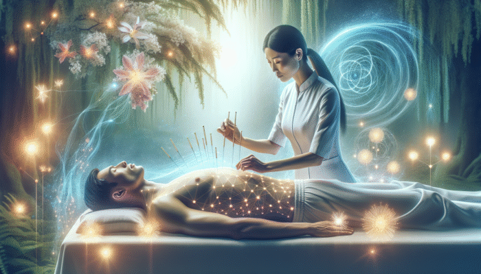 Illustration of acupuncture treatment in a serene, nature-inspired setting with symbols of energy and vitality.