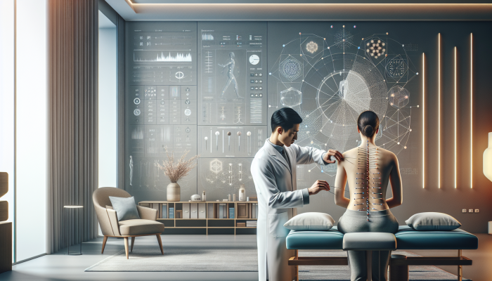 A serene UK clinic with an acupuncturist treating a patient using traditional Chinese medicine.