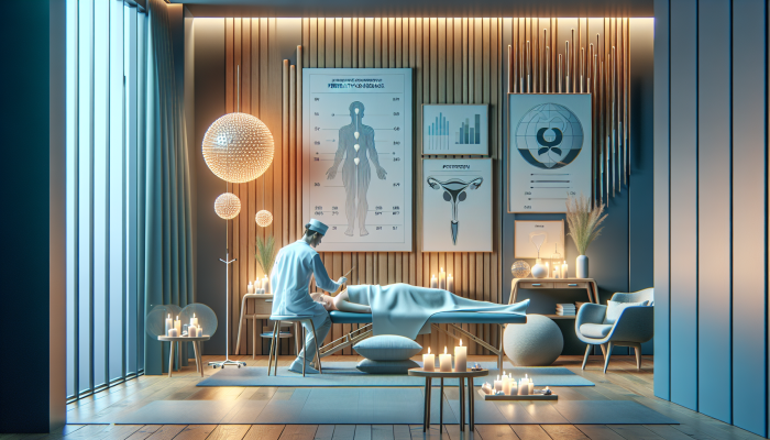A serene acupuncture session in a modern UK clinic for fertility, with calming decor and insurance coverage chart.