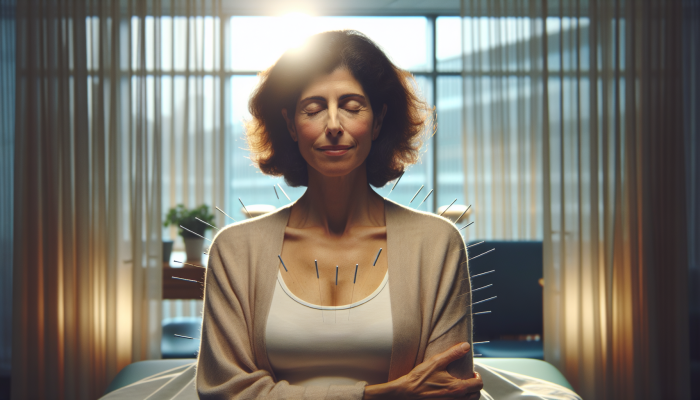 A serene acupuncture session in a London oncology center, helping a patient with metastatic breast cancer find relief and improve well-being.