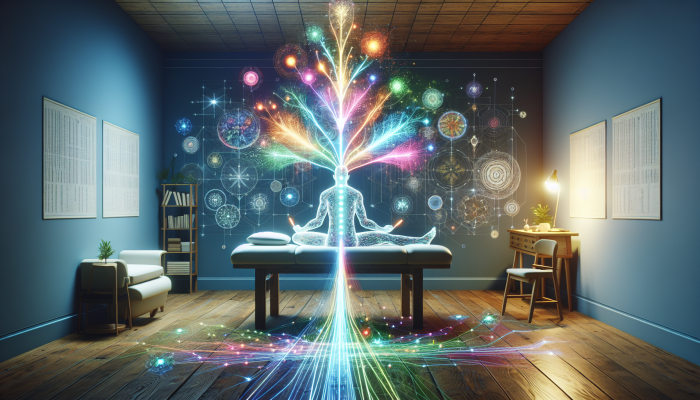A person receiving acupuncture in a tranquil, nature-inspired room with glowing energy lines symbolising healing.