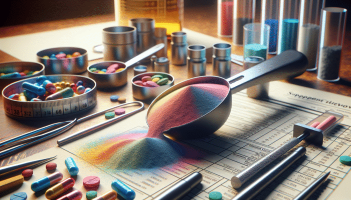 A close-up of a precise supplement scoop with colorful powder, surrounded by measuring tools, emphasizing accuracy in supplementation.
