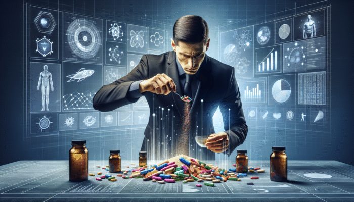 A person measuring supplements with a precise scoop, surrounded by health goal charts and progress trackers.