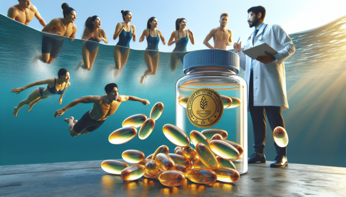 Young swimmers with fish oil capsules, clear water, high-quality supplement bottle, healthcare consultation.