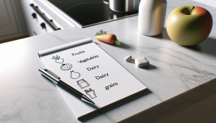 A colourful, categorized grocery list on a modern kitchen counter with a pen and notepad.