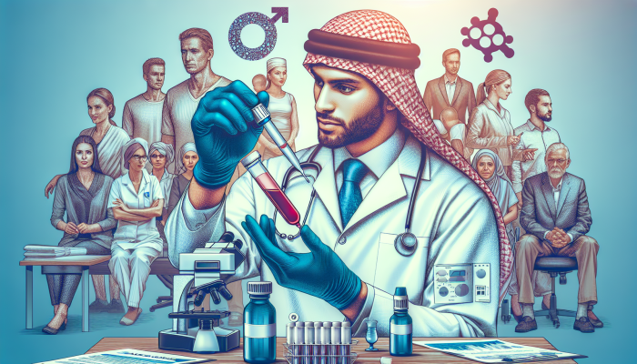 A bustling Bicester clinic with transparent pricing, diverse patients, and a lab technician analysing a male hormone blood test.