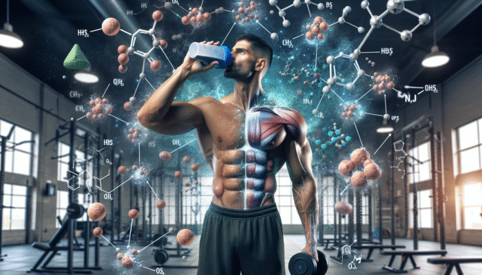 A muscular athlete enjoying a protein shake in a gym, surrounded by amino acids and regenerating muscle fibres.