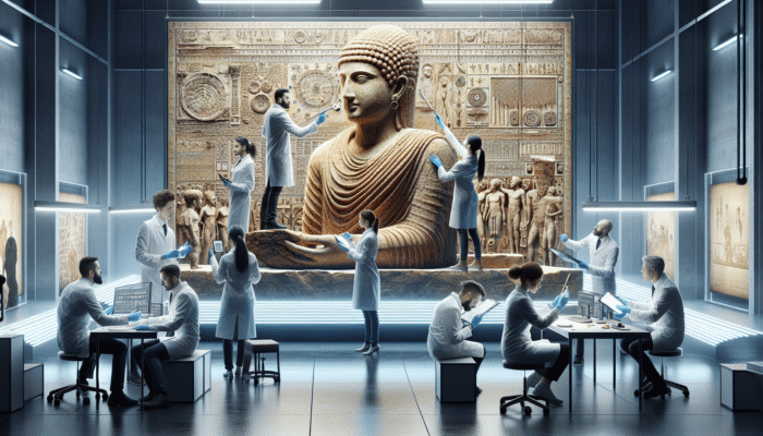 Experts scrutinising an ancient artifact with advanced tools in a studio to ensure optimal restoration results.