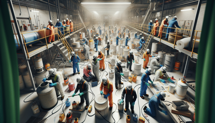 A well-ventilated workspace with workers donning safety gear and tools on a clear floor with secure machinery.