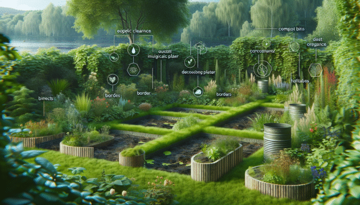 A tranquil garden featuring compost bins, native plants, and wildlife habitats that promote sustainability and biodiversity.
