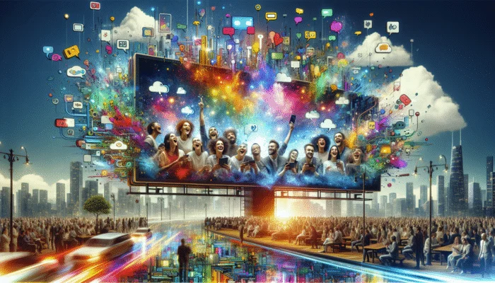 "Share Your Experience!" billboard featuring happy customers using devices, colourful speech bubbles, and a cityscape backdrop.