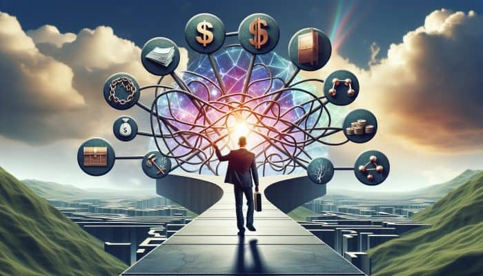 Crucial Terminology in Debt Consolidation: A Beginner's Guide | DCL A person confidently navigating a clear path through a complex financial landscape with labeled signposts under a bright sky.