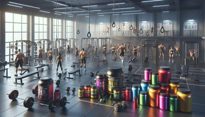 New weightlifters in a modern gym with essential supplements such as protein powders and energy drinks.