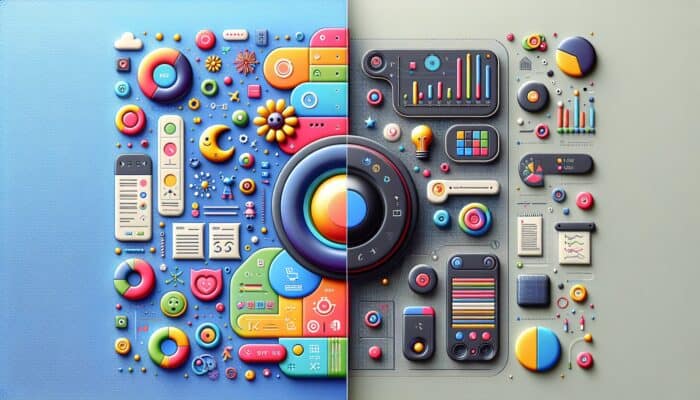 A split-screen image showing a colourful circular button for a children's app and a muted rectangular button for a financial services firm.