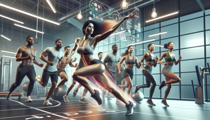 A fitness influencer demonstrating exercise equipment to health-conscious millennials in a contemporary gym setting.
