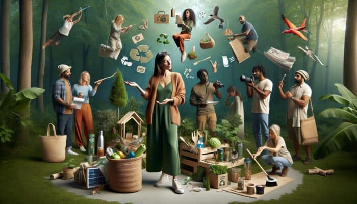 Eco-conscious influencer engaging a diverse group in sustainable activities amidst nature, showcasing an authentic brand collaboration.