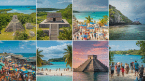 A collage of eight images showcasing ancient Mayan ruins, bustling beaches, clear turquoise waters, a lively marketplace with colourful umbrellas, tourists, and tropical scenery under Belize's sunny and partly cloudy skies.