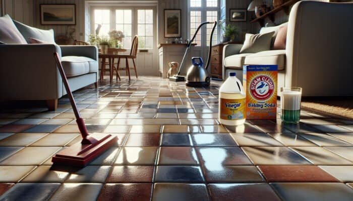 Tiled floor in an Australian home with clean grout, using vinegar, baking soda, and a steam cleaner.
